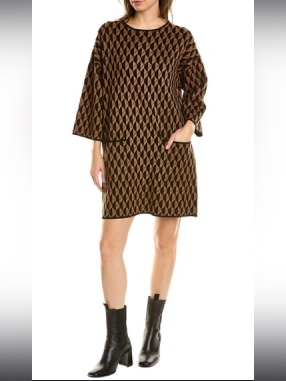 Max Studio Brown and Black Geometric Knit Long Sleeve Dress Size S
